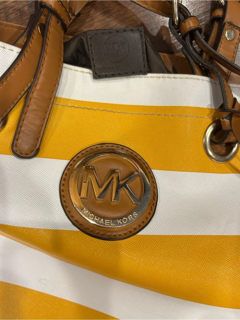 Michael Kors Yellow and White Striped Tote with Tan Leather Trim